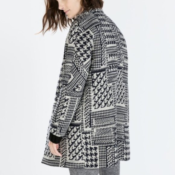 Zara Houndstooth Navy Wool Blend Coat - Picture 4 of 14